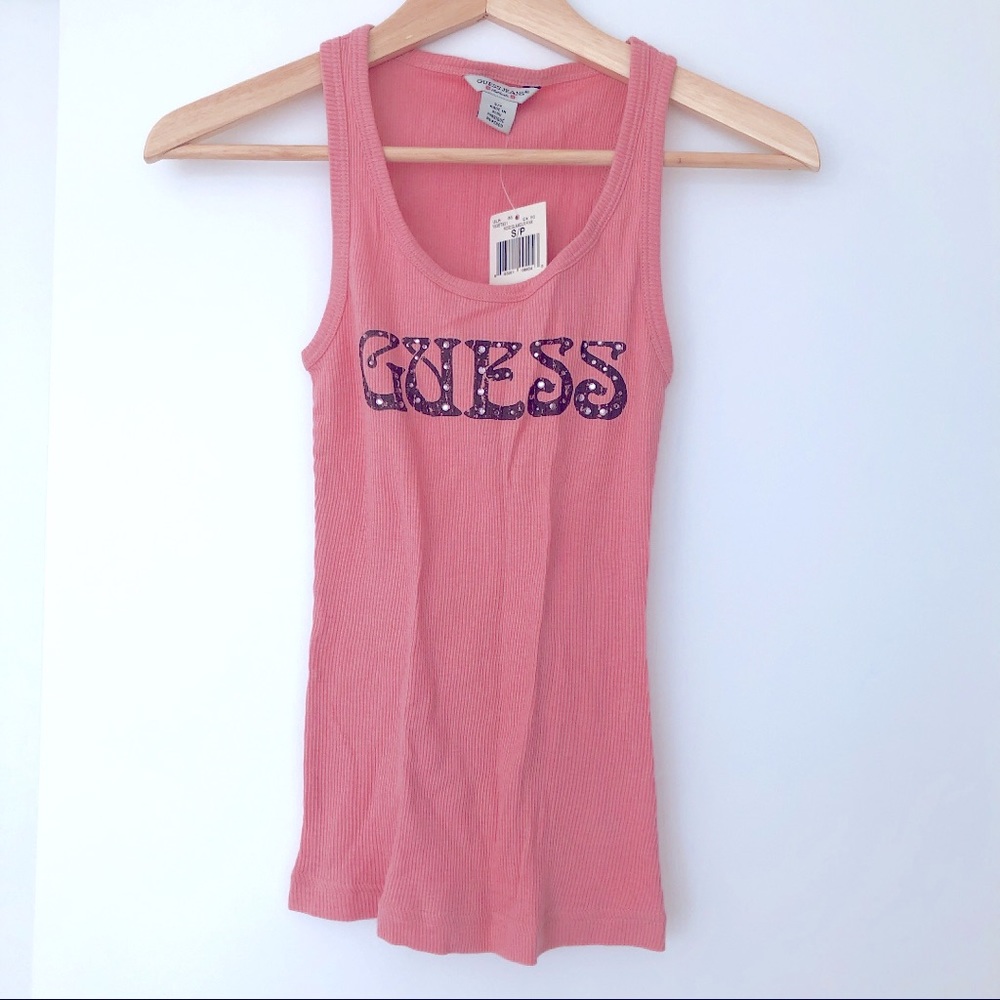 GUESS Ribbed Logo Tank with Rhinestone Accent